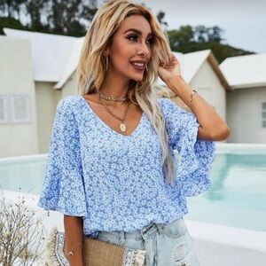 Blue Floral Women's V Neck Blouse With Ruffle Sleeves (Size M)